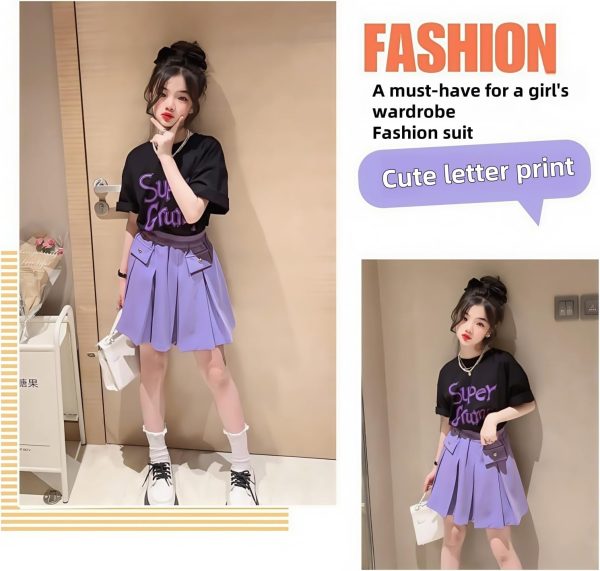 ⁦Girls' Two-Piece Summer Set, Graphic Print T-Shirt with Pleated Purple Skirt, Elastic Waist, Japanese anime pleated skirt, cute casual suit, suitable for 5-14 years old⁩ - الصورة ⁦3⁩