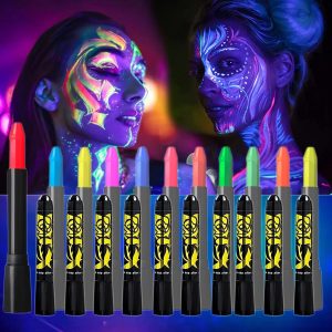Face Paint Crayons Glow, 12 Colors Glow in The Black Face & Body Paint Crayons, Neon Blacklight Glow Body Makeup Fluorescent Face Paints for Kids Adult, Neon Face Paint Crayons for Halloween Carnival