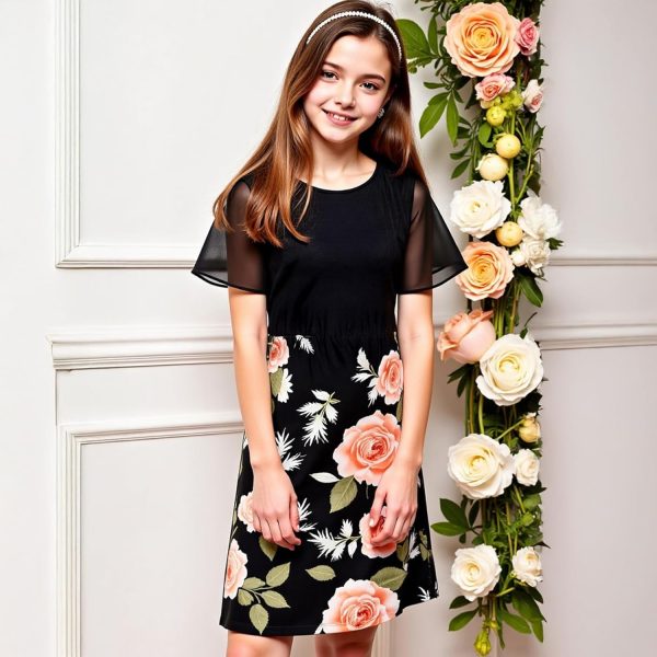 ⁦XULINOVA girl dress, cotton like stretch jersey top & 4 way stretch fabric skirt, flower Print, 1 set For Ages 8-12Y,summer, daily, casual, holiday⁩ - الصورة ⁦6⁩