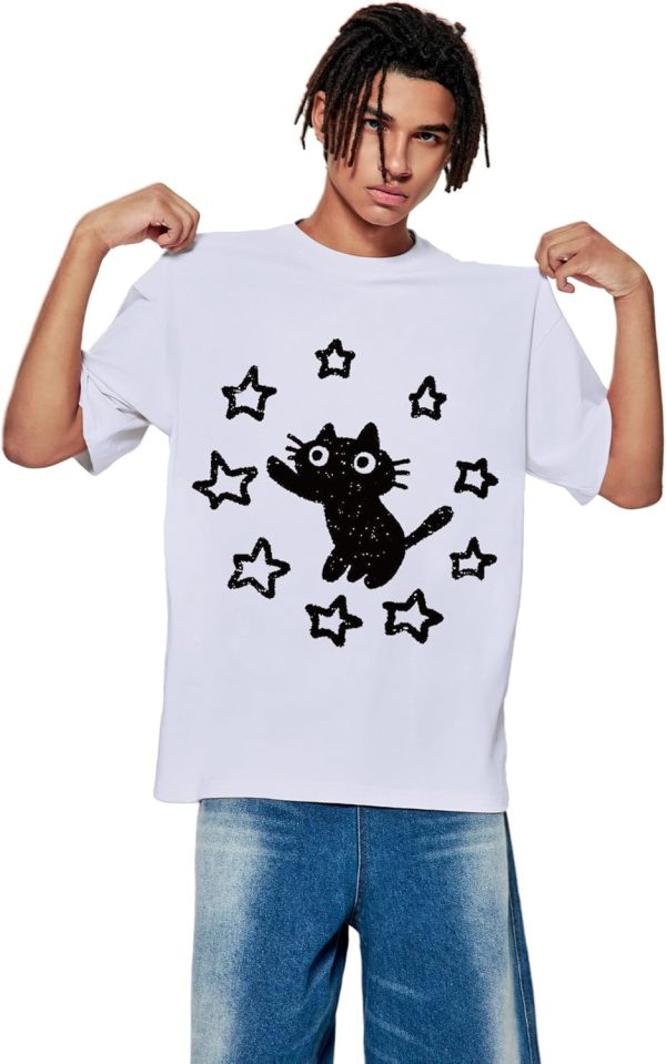 ⁦Vamtac Graphic Tees Unisex Loose Star Cat Print Tee Casual Summer Y2k Shirt Cute Short Sleeve Cotton Top⁩ - الصورة ⁦3⁩