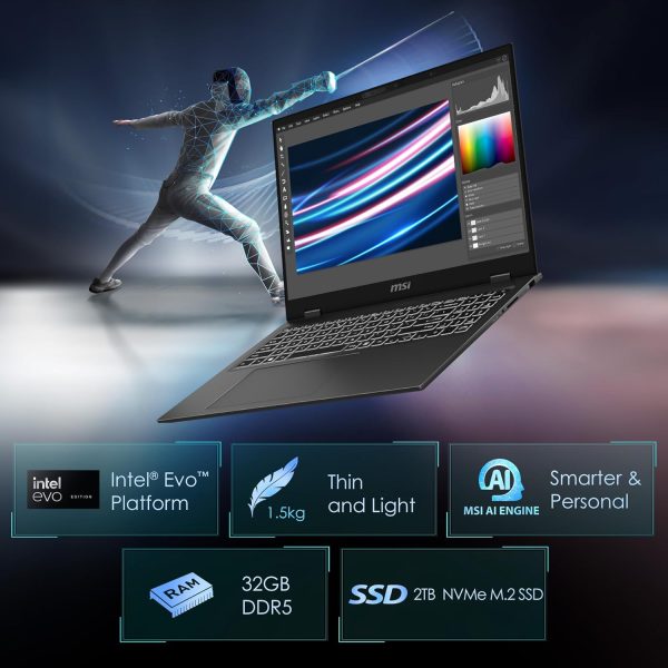 ⁦MSI Prestige 16 AI Evo Laptop: Intel Ultra 7-155H, 16" UHD+ OLED Display, 32GB DDR5, 2TB NVMe SSD, HDMI, SD Card Reader, Win 11 Pro: Stellar Gray B1MG-020US⁩ - الصورة ⁦2⁩