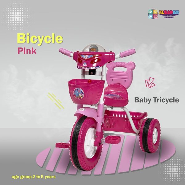 ⁦ALBADER Kids Tricycles, Toddler Trike With Double Basket, Indoor and Outdoor Children's Tricycles, 3 Wheel Baby Bicycle, With Music & Lights Effects, For Kids 2-7 Years (Not Assembled, Pink)⁩ - الصورة ⁦5⁩