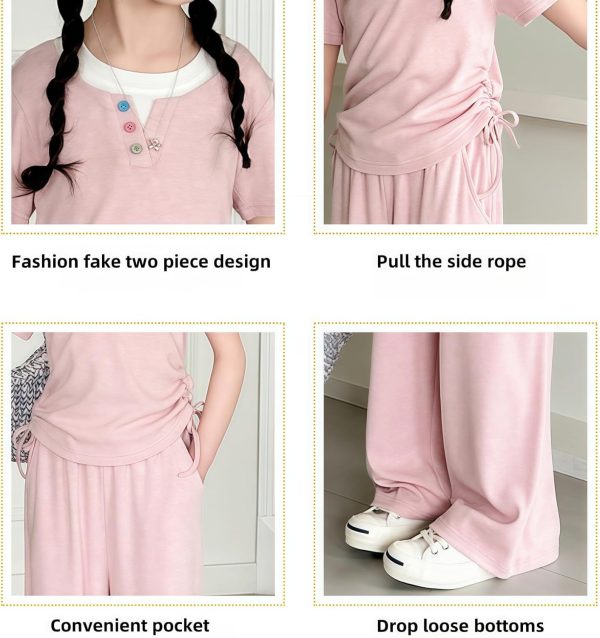 ⁦Girls' Summer Two-Piece Casual Set, Pink Short-Sleeve Top and Wide-Leg Trousers, Ages 5-16 Years clothing⁩ - الصورة ⁦4⁩