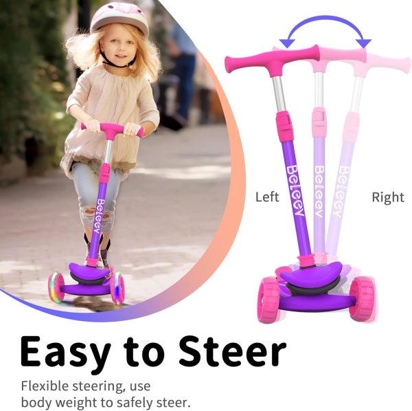 ⁦BELEEV A8 Scooter for Kids Ages 3-12, 3 Wheel Folding Scooter for Toddlers Girls Boys, LED Light-Up Wheels, 4 Adjustable Height, Lean to Steer, Extra Wide Wheels, Three Wheel Kick Scooter for Children⁩ - الصورة ⁦4⁩