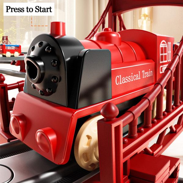 ⁦Train Rail Set, Electric Train Toys Sets, Battery Operated Train Set with Tracks Magnetic Connection, DIY Rail Car Children's Toys with Bridge & Accessories, for Ages 3 Years+ (Red-70PCS)⁩ - الصورة ⁦3⁩