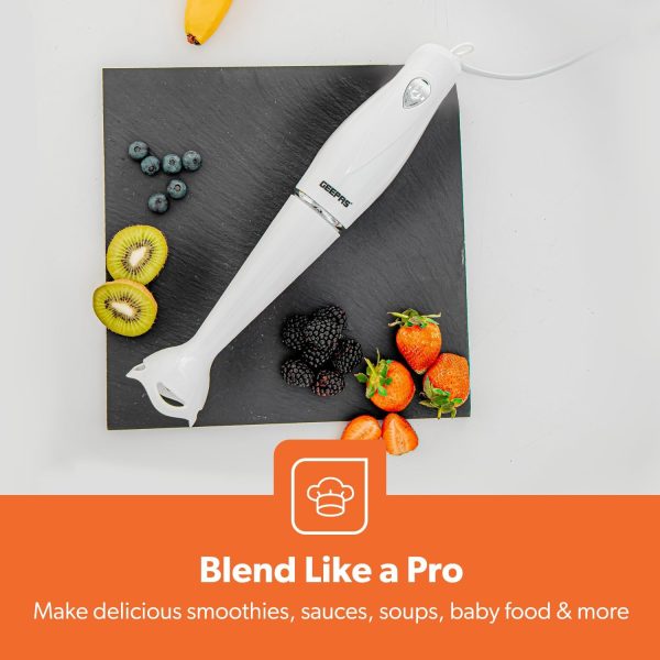 ⁦Geepas 200W Hand Blender Food Collection Immersion Ideal For Smoothies, Shakes, Baby Food, Soup, Grinding Ingredients, Vegetables & Fruits, White/Grey GHB5467⁩ - الصورة ⁦8⁩