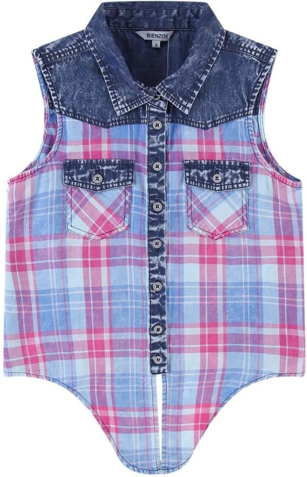 ⁦Bienzoe Girls Crop Tank Tops: Cowgirl Plaid Sleeveless Button Down Western Casual Blouse⁩ - الصورة ⁦3⁩