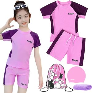 URbazaar Girls 5 Pcs Rash Guard Swimsuit Set UPF 50+, Quick-Dry Swimsuit with Swim Cap, Swimming Goggles, Short Bathing Design Suit for Beach