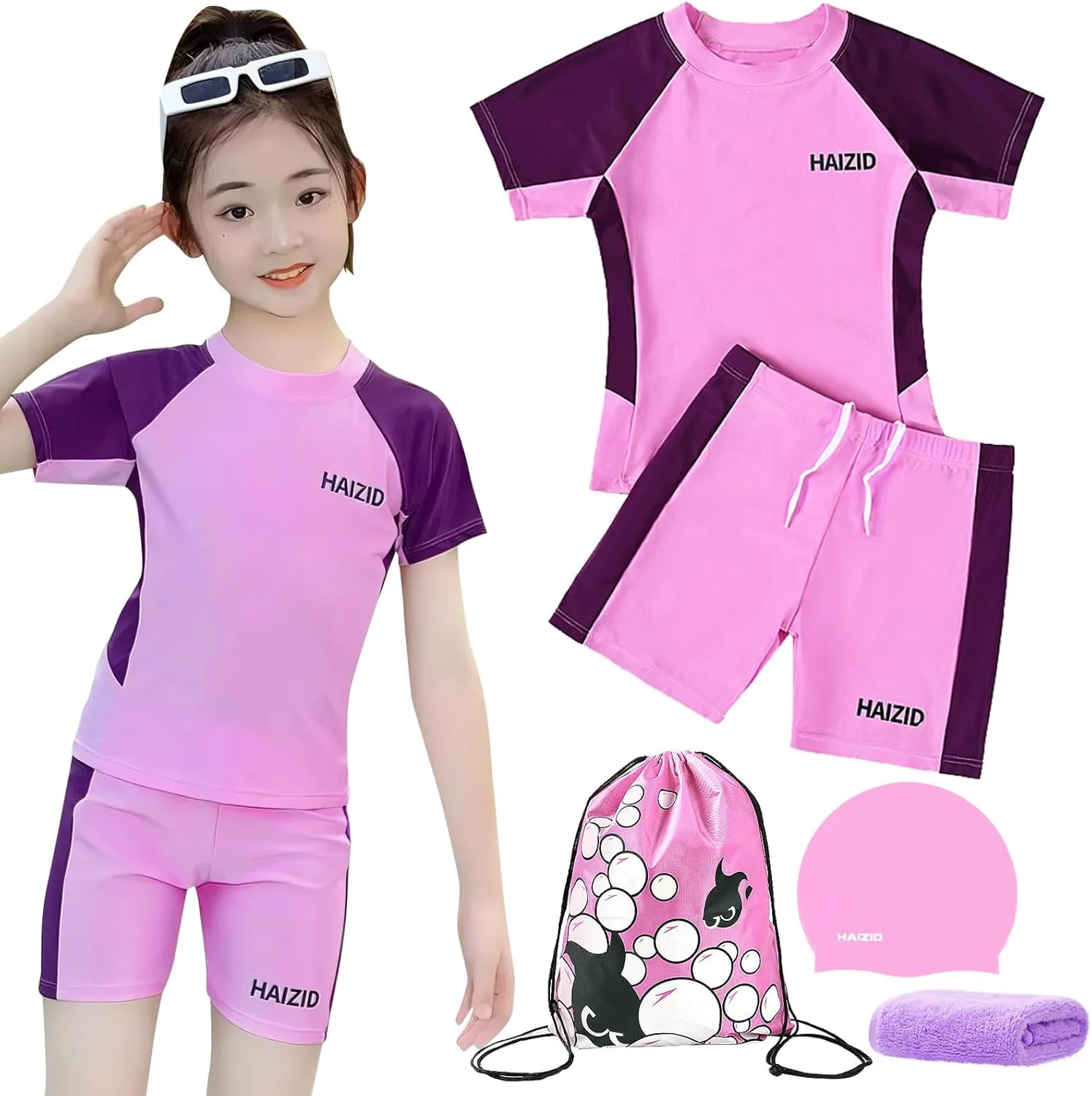 URbazaar Girls 5 Pcs Rash Guard Swimsuit Set UPF 50+, Quick-Dry Swimsuit with Swim Cap, Swimming Goggles, Short Bathing Design Suit for Beach