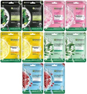 Garnier Skin Naturals Face Serum Sheet Mask (2 Each Of Light Complete, Charcoal, Sakura, Hydrabomb and Hydrabomb ) 421g (Pack of 10)