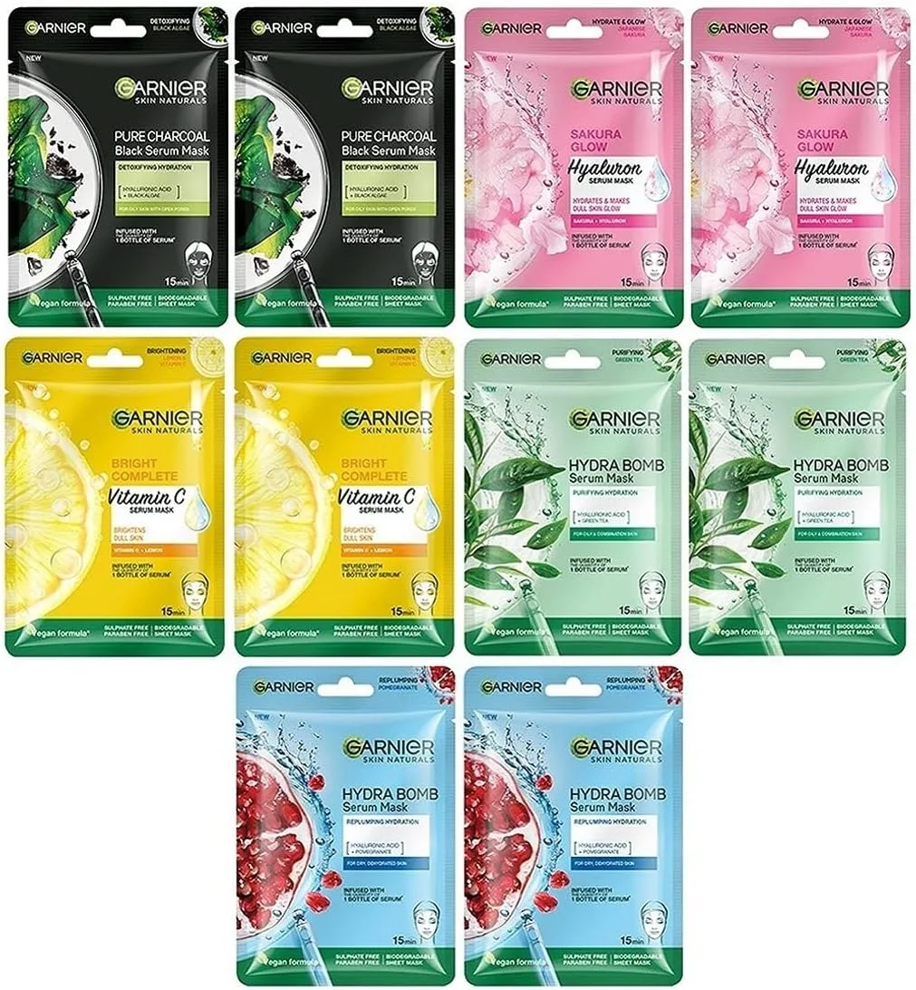 Garnier Skin Naturals Face Serum Sheet Mask (2 Each Of Light Complete, Charcoal, Sakura, Hydrabomb and Hydrabomb ) 421g (Pack of 10)