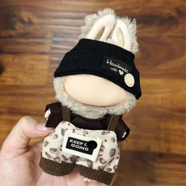 ⁦Doll Clothes for 17cm Dolls, Compatible with Labubu, Cute Outfit Set with Accessories, Bucket Hat and Overalls (No Doll) (Black Overalls Set)⁩ - الصورة ⁦6⁩