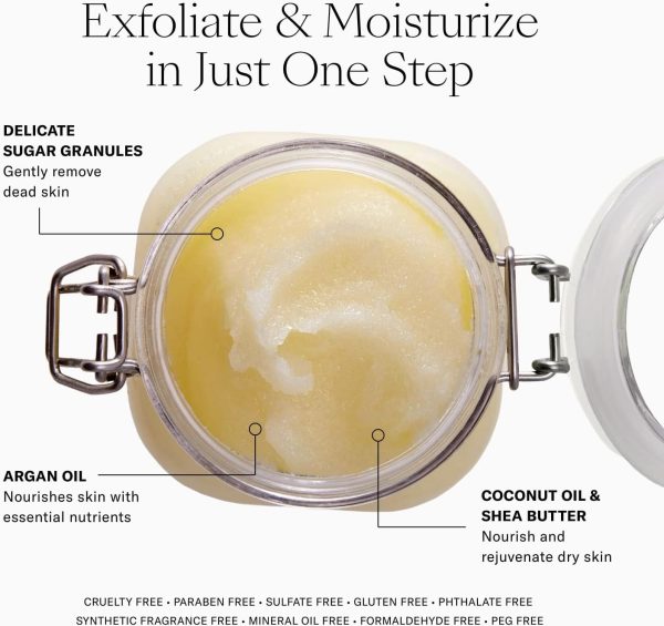 ⁦Josie Maran Argan Sugar Balm Body Scrub - Exfoliating Sugar Scrub with 100% Pure Argan Oil & Coconut Oil - Softens, Smoothes & Hydrates Dry Skin - Vegan + Cruelty Free - Sweet Clementine (10 oz)⁩ - الصورة ⁦3⁩
