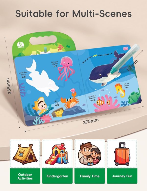 ⁦BabyBus Reusable Water Coloring Book with Magic Water Pen of Animal Theme, Early Education Painting Book for age 2-5 (green)⁩ - الصورة ⁦4⁩