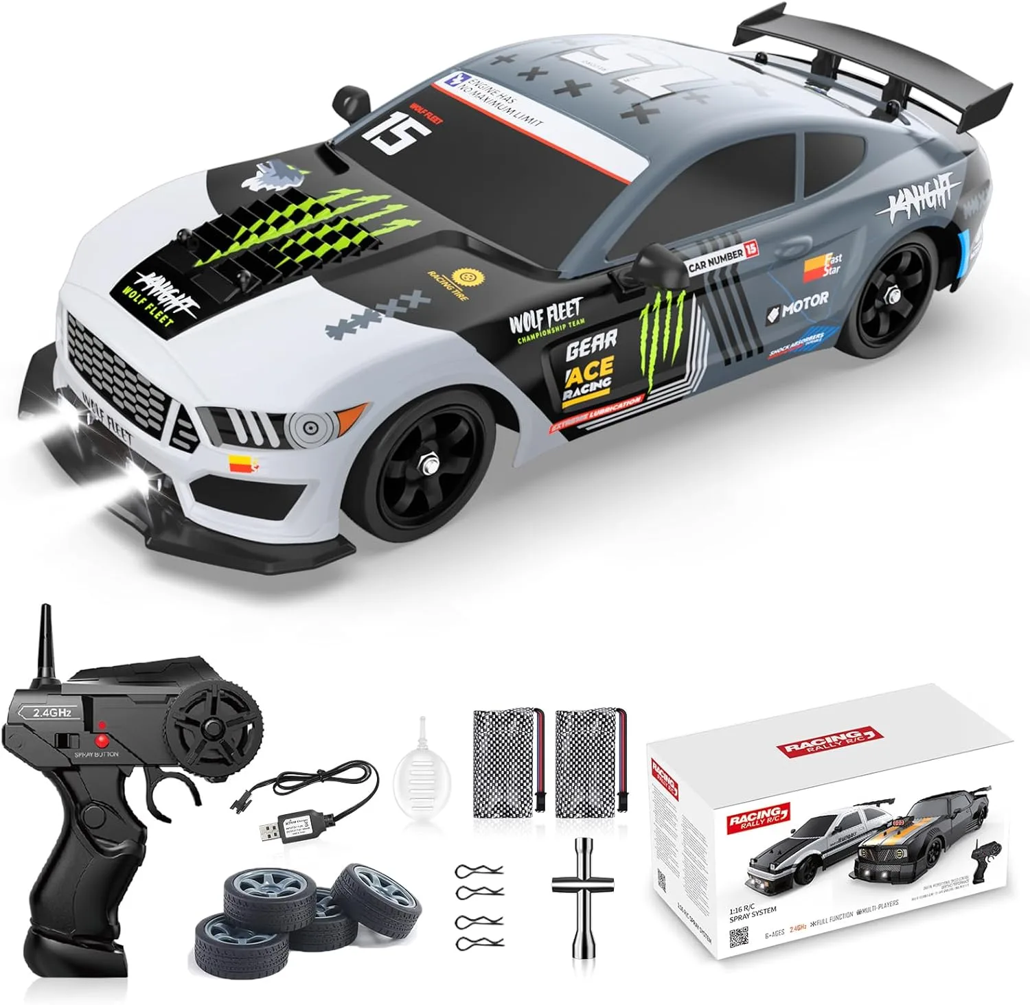 Desdoni RC Drift Car 1:16 4WD 18KM/H 2.4GHz with LED Lights Rubber Tire Racing Sports Toy Unisex Boys Girls Gift 2 Rechargeable Batteries