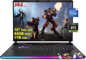 MSI لابتوب العاب رايدر GE68HX 16 انش FHD+ IPS 144Hz انتل 24 كور i9-14900HX 64GB RAM 1TB SSD جيفورس RTX 4070 اضاءة خلفية RGB ثاندربولت 4 USB-C دينوديو FHD كاميرا خصوصية بالاشعة تحت الحمراء ويندوز 11 مع