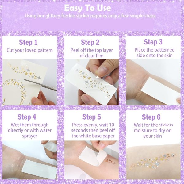 ⁦Glitter Freckles Face Stickers, Glitter Freckles, Gold Faces Makeup Patches, Sparkle Makeup Patches, Waterproof Face Glitters Speckles Stickers for Women, Metallic Gold Silver Temporary Stickerss 5Pcs⁩ - الصورة ⁦7⁩