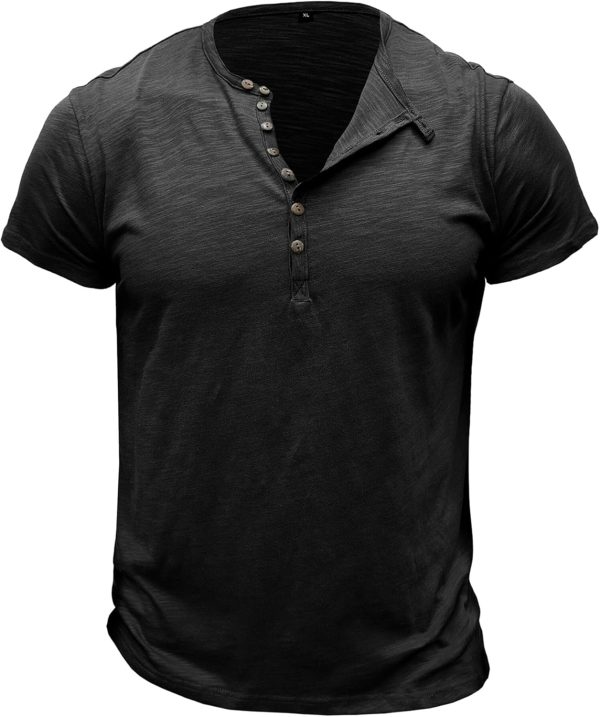 ⁦Men's Slub Henleys T-Shirt Short Sleeve Shirt Lightweight Top Relaxed Cotton Casual Top Buttons Placket Round Neck Shirts Tee Basic Tops Solid Henley Shirt⁩ - الصورة ⁦6⁩