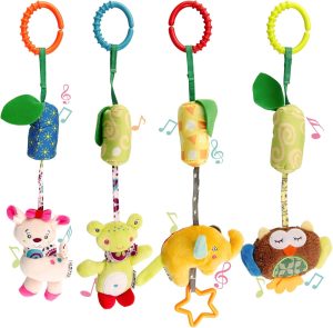 MAKINGTEC Baby Soft Hanging Rattle,Car Seat Hanging Bell Adorable Animal Infant Play Music Crib Toy Carseat Rattles Educational Toysfor Babies Boys and Girls 3 6 9 to 12 Months(4 Pack)