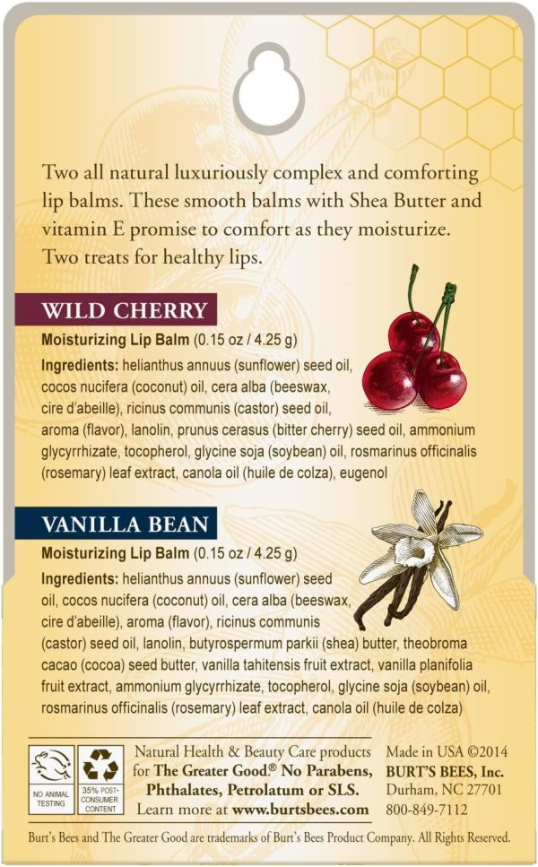 ⁦Burt's Bees Wild Cherry and Vanilla Bean Moisturizing Lip Balm Twin Pack for Unisex 2 x 0.15 oz Lip Balm⁩ - الصورة ⁦8⁩