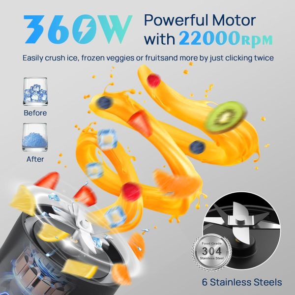⁦360W Portable Blender Cordless, 22oz Personal for Smoothies and Shakes, Mini Blender Bottle with 6000mah Battery, BPA Free, 22000rpm Small Travel Cup for Home, Kitchen, Gym⁩ - الصورة ⁦2⁩