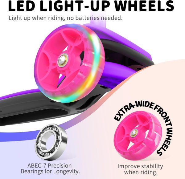 ⁦BELEEV A8 Scooter for Kids Ages 3-12, 3 Wheel Folding Scooter for Toddlers Girls Boys, LED Light-Up Wheels, 4 Adjustable Height, Lean to Steer, Extra Wide Wheels, Three Wheel Kick Scooter for Children⁩ - الصورة ⁦5⁩