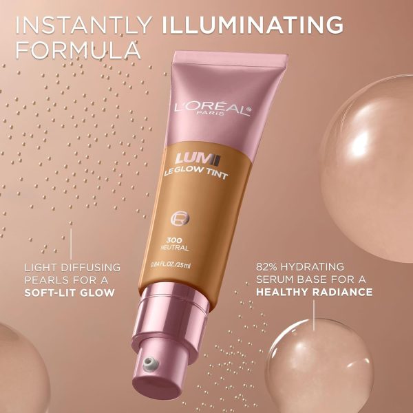 ⁦L’Oréal Paris Lumi Le Glow Skin Tint, Lightweight Water-Based Tinted Serum with Foundation-Like Coverage, Glow Illuminator, Neutral 200, 0.85 Fl Oz⁩ - الصورة ⁦6⁩