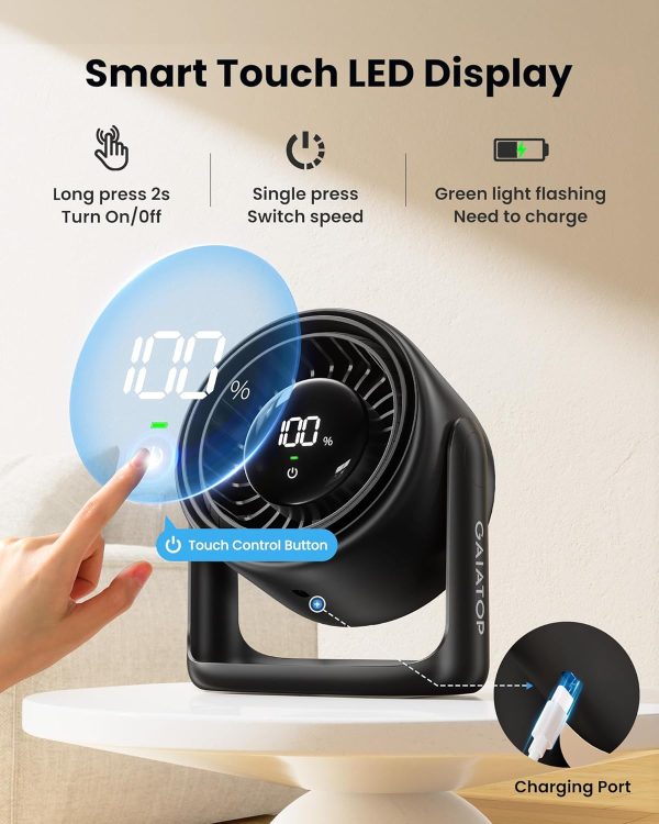 ⁦Gaiatop Desk Fan for Bedroom, Ultra Quiet Table Battery Powered Fan 7.7 Inch, Touch Control 4000mAh, Strong Airflow 5 Speeds Rechargeable Desktop for Office Bedside Dorm Home, Gift for Women Men Black⁩ - الصورة ⁦2⁩