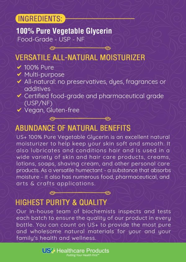 ⁦US+ 100% Pure Vegetable Glycerin - Pharmaceutical & Food Grade (USP) - Premium Quality All-Natural Moisturizer & Cleanser - For skin, hair, soaps & more (1 Gallon)⁩ - الصورة ⁦5⁩