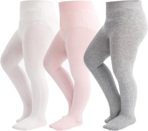 Toddler Girls Cotton Tights, Cable Knit Leggings, 3 Pairs, White Pink Grey, Ages 1-4 (UAE/KSA, Age, 1, 2, White Grey Pink)