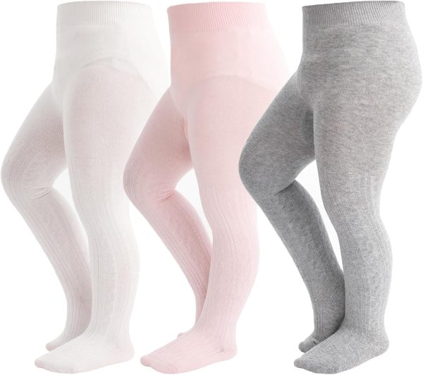 Toddler Girls Cotton Tights, Cable Knit Leggings, 3 Pairs, White Pink Grey, Ages 1-4 (UAE/KSA, Age, 1, 2, White Grey Pink)