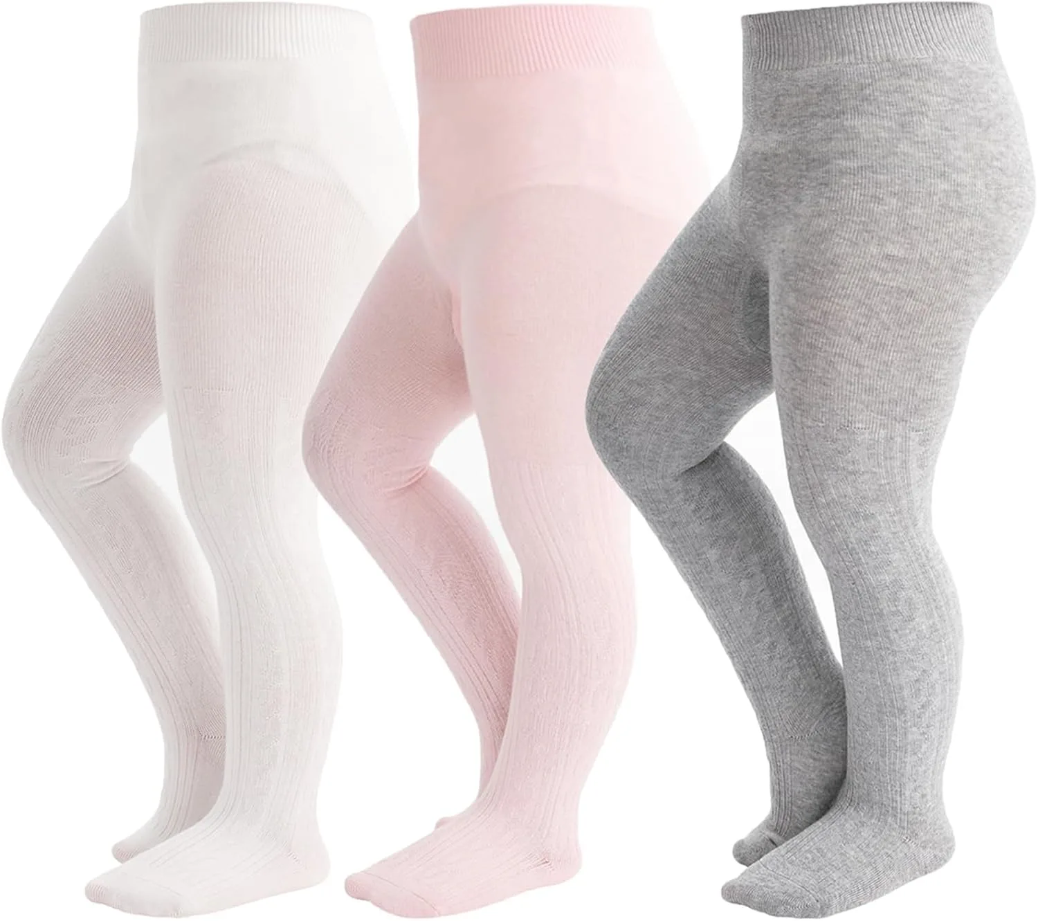 Toddler Girls Cotton Tights, Cable Knit Leggings, 3 Pairs, White Pink Grey, Ages 1-4 (UAE/KSA, Age, 1, 2, White Grey Pink)