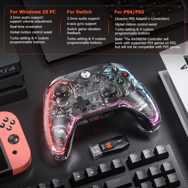 ⁦Wired Controller, BIGBIG WON Rainbow PC Controller RGB Indicator, Custom Back Buttons, 6-Axis Gyro, Dual Motor, Linear Trigger Wired Game Controller for Switch/Windows10 & for PS5/PS4 via R90 Adapter⁩ - الصورة ⁦7⁩