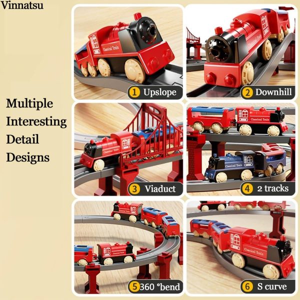 ⁦Train Rail Set, Electric Train Toys Sets, Battery Operated Train Set with Tracks Magnetic Connection, DIY Rail Car Children's Toys with Bridge & Accessories, for Ages 3 Years+ (Red-70PCS)⁩ - الصورة ⁦4⁩