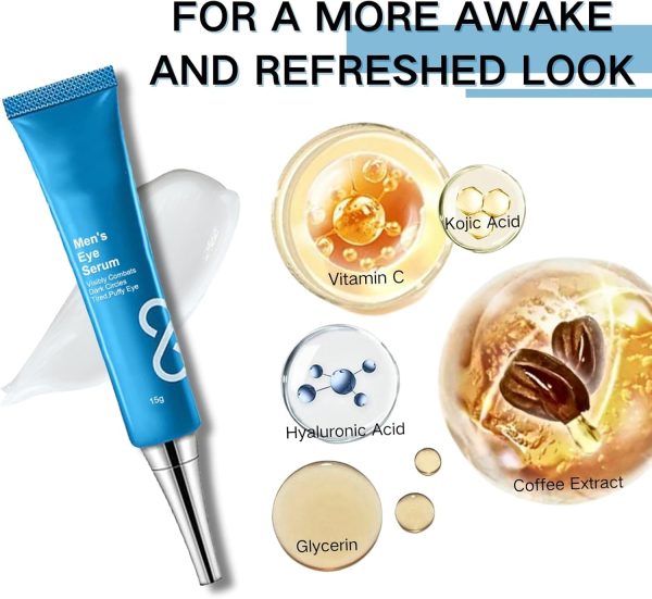 ⁦Azonee Eye Serum For Men, Caffeine Eye Cream for Instant Tightening, Lifting & Firming, Anti-Wrinkle Hyaluronic Acid Moisturizer, Kojic Acid Depuffing Eye Gel⁩ - الصورة ⁦3⁩