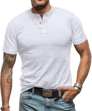 Men's Fashion Henley Shirts Casual Button Short Sleeve T-Shirt Classic Solid Color Lightweight Cotton Tee Tops
