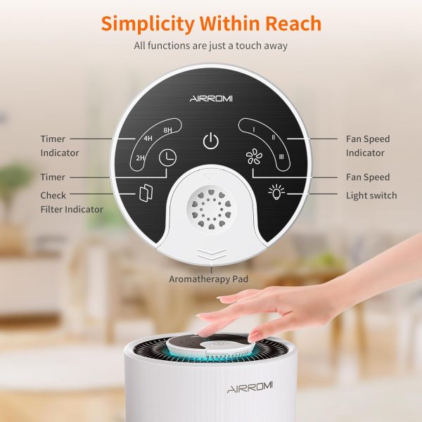 ⁦AIRROMI Air Purifier for Bedroom with HEPA 3-in-1 Filter, Pet Air Purifier for Home Cat Pee Smell, Covers Upto 990 Ft², Quiet 360° intake Air Cleaner for pet hair,allergies,Dust,Smoke A2001 White⁩ - الصورة ⁦5⁩