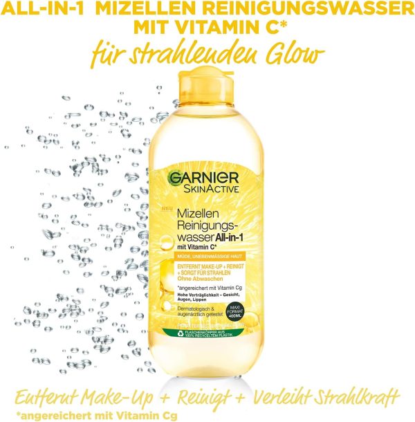 ⁦Garnier All-in-1 Micellar Cleansing Water with Vitamin C for a Radiant Complexion, Make Up Remover and Facial Cleansing for Tired Skin, Skin Active, 1 x 375 ml⁩ - الصورة ⁦3⁩