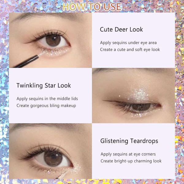 ⁦4Pcs Liquid Glitter Eyeshadow & Eyeliner Kit Set for Korean Makeup, Sparkling Shimmer Metallic Eye Glitter for Under Eye Tear-Drop Make Up, Quick-Dry Loose Glitter Glue for Crystal Mermaid Looks⁩ - الصورة ⁦6⁩