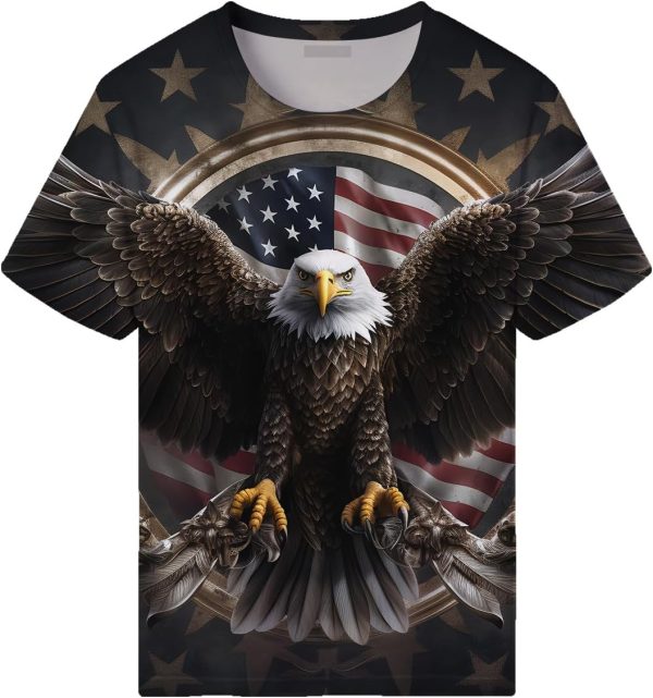 ⁦Liohans Vintage American Flag Animal Shirt T-Shirts Gorgeous Eagle Mountains Men Tee Top⁩ - الصورة ⁦2⁩