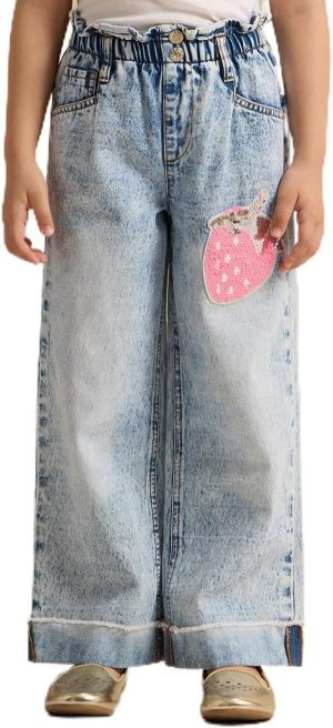 REDTAG Girls Blue Embellished Wide Leg Jeans