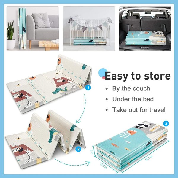 ⁦HI-FINE Foldable Baby Play Mat,Foam Baby Mat for Floor with Storage Bag Waterproof Crawling Mat for Toddlers and Infants,Non Slip Playmat for Babies (200 * 180 * 1.5CM) (Car/Deer)⁩ - الصورة ⁦5⁩