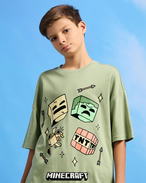 ⁦REDTAG Senior Boys Lime Green Oversize Minecraft T-Shirt⁩ - الصورة ⁦5⁩