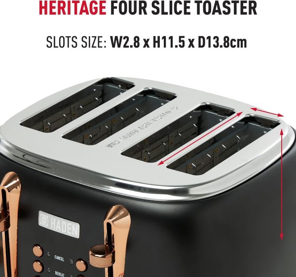 ⁦Haden Heritage Black 4 Slice Toaster - Adjustable Browning Control, Reheat and Defrost Functions - Stainless Steel With Self-centring Function - 1370-1630W⁩ - الصورة ⁦2⁩