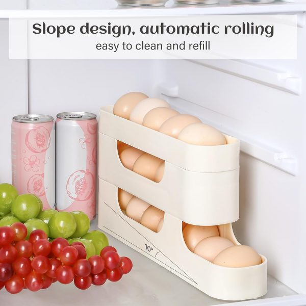 ⁦Egg Holder for Fridge Egg Dispenser, 3 Tiers Auto Rolling Fridge Egg Organizer, Space Saving Egg Dispenser Holder, Stackable Eggs Fridge Egg Rack, Large Capacity Egg Dispenser for Refrigerator, White⁩ - الصورة ⁦4⁩
