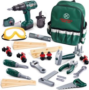 Boys' tool set with electric toy drill, toddler toy tool set, children's tool box with toy hammer, tool set for 3-5 year olds, play house tool kit accessories and sturdy tool bag (WJ0012)
