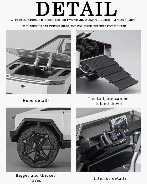 ⁦ALMEKAQUZ Tesla Cybertruck Pickup Alloy Die Casting Toy Car Metal Car Model Sound and Light Pull Back Toys Gift Series Silver (1/24 Scale)⁩ - الصورة ⁦5⁩