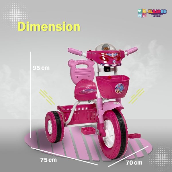 ⁦ALBADER Kids Tricycles, Toddler Trike With Double Basket, Indoor and Outdoor Children's Tricycles, 3 Wheel Baby Bicycle, With Music & Lights Effects, For Kids 2-7 Years (Not Assembled, Pink)⁩ - الصورة ⁦4⁩