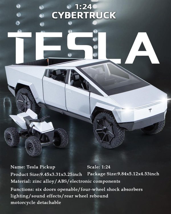⁦ALMEKAQUZ Tesla Cybertruck Pickup Alloy Die Casting Toy Car Metal Car Model Sound and Light Pull Back Toys Gift Series Silver (1/24 Scale)⁩ - الصورة ⁦4⁩