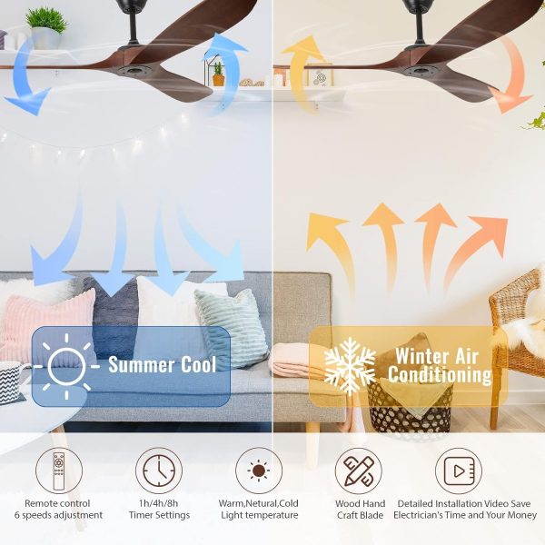 ⁦LIWEGHT 52inch Modern Ceiling Fan with Remote,Indoor/Outdoor Ceiling Fan,3 Walnut Wood Blades, Noiseless Reversible DC Motor,6-Speed for Patio,Bedroom,Living Room,No Light⁩ - الصورة ⁦6⁩